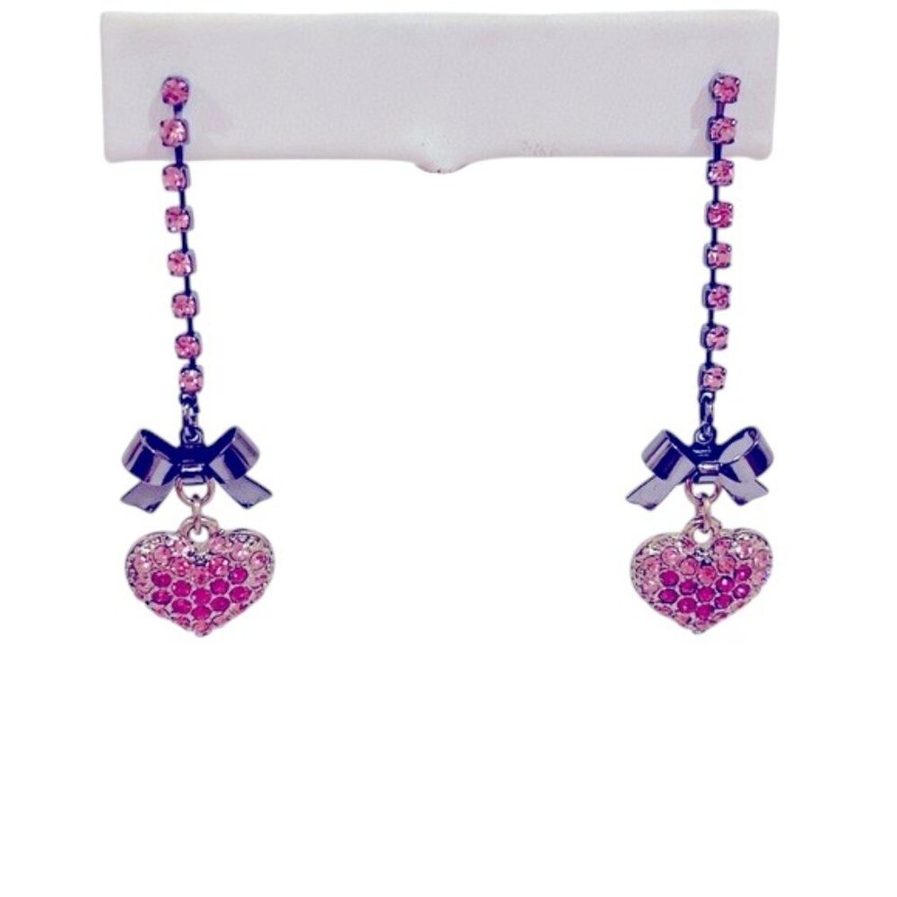 Betsey Johnson Y2K VINTAGE Pink Rhinestone Hearts and Bows Earrings